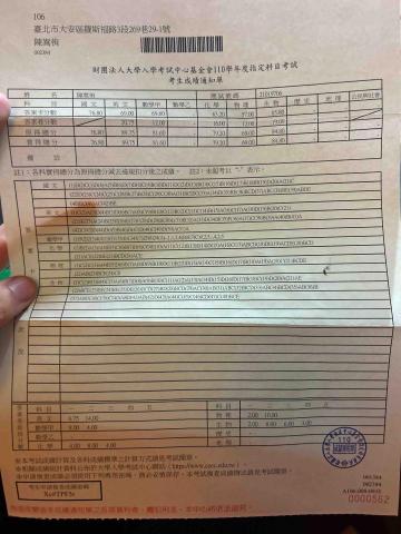 陳嵩侑 - 110指考成績單
