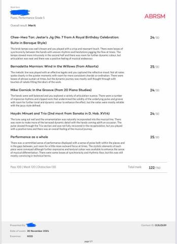 曹韻慈 - 學生考過皇家檢定五級！