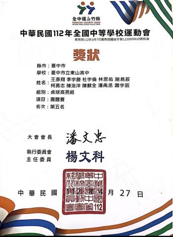 潘禹丞 - 112年全國中等學校運動會高男團體組第五名