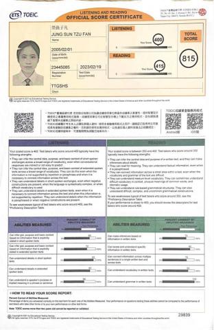 榮孫子凡 - 多益成績單