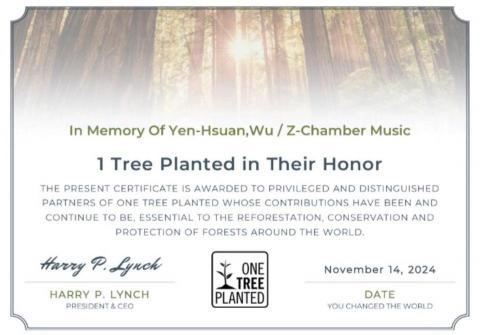 弦琴藝緻跨界室內樂團 - 樂團參與植樹計畫證書，為地球盡一份力