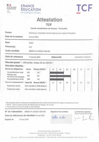Sylvia Isaw - 法語檢定成績單