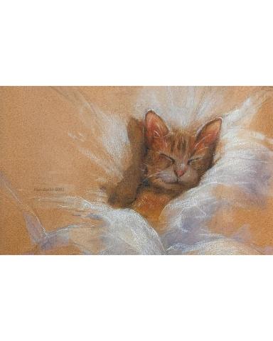 Han studio  邱柏翰 - 淺色背景的小貓，透過溫暖的黃褐色調與柔和的白色營造舒適柔軟的質感，練習基本的明暗對比和毛質感。

想要學習怎麼畫出自己心愛的貓咪嗎？跟著我們一步步來吧