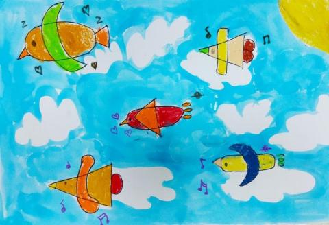 Nyssa_Wen168 - 以幾何圖形創作鳥兒飛翔的畫面。