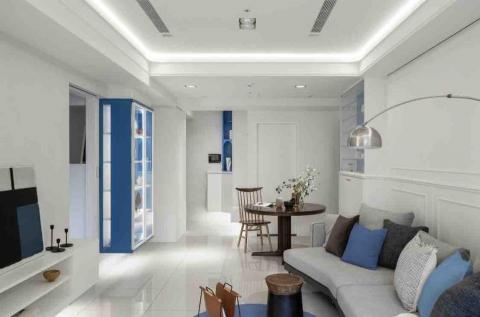 回醞空間設計 - 地中海藍搭配線板層次，融入展示櫃設計，展現優雅與度假感的生活氛圍