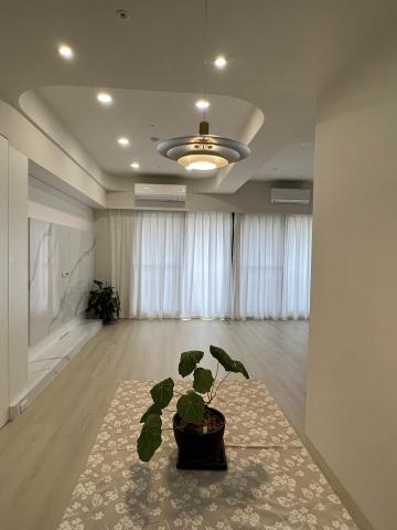 allen - 空間以白色為主調,搭配淺色木質地板,營造出乾淨明亮的視覺效果,吊燈和窗簾採用暖色調,與白色牆面形成柔和的對比,增添空間的溫暖感,綠色植物的點綴,為空間注入自然氣息,與整體色調相得益彰。