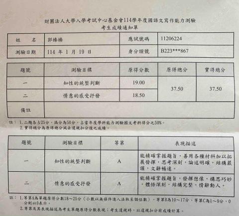 郭榛榛 - 學測作文成績單