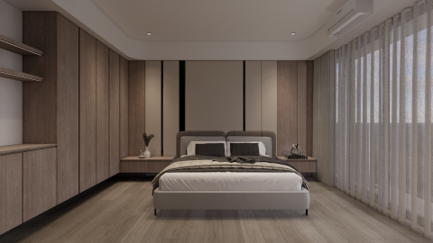 楊勻曦 - 老屋翻修主臥室設計
展現現代極簡與溫潤木質調的完美結合。淺灰床架與柔和木地板色彩一致，提升整體協調度；落地窗的陽光灑入，搭配輕透紗簾，營造靜謐放鬆的氛圍，展現高質感生活品味。
