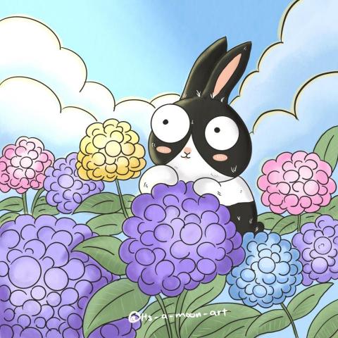 黃詩月 - 兔子在繡球花中想像美好的未來，社群插畫繪製
