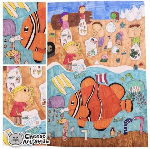 三明治老師 - 女孩的暑假作業
每到暑假，學校就會舉辦環境保護畫畫比賽
喜歡小丑魚的女孩說今年想畫淨灘攤

-麥克筆
