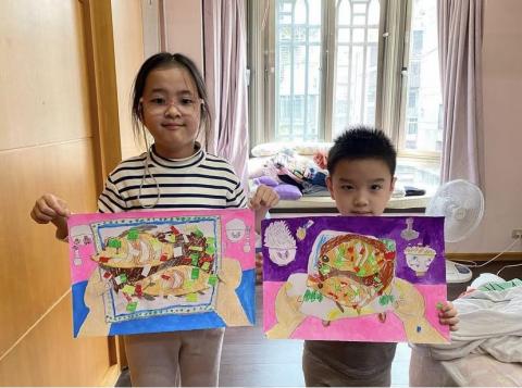 三明治老師 - 阿嬤的紅燒魚剪貼畫
畫蔥到辣椒到設計盤子飯碗，全部讓孩子一手包辦
魚上色後我們把辣椒跟蔥剪成一段一段的
就可以上菜啦～孩子們玩的很開心
完成後也成就感滿滿

-粉蠟筆
-水彩
-色鉛筆
