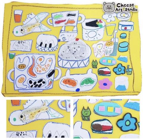 三明治老師 - 日本和食料理剪貼畫
常常在日本雜誌看到和食料理，覺得好可愛喔！
小小的碟子跟小小的碗裝著精緻小口料理
一開始先畫各式各樣的容器，再把喜歡的料理放進去
女孩對我說：老師，我的有附送一個小貓玩具喔！

-粉蠟筆
