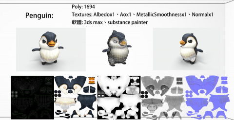 LEE TONY - Penguin:
Poly: 1694
Textures: Albedox1、Aox1、MetallicSmoothnessx1、Normalx1
軟體: 3ds max、substance painter
