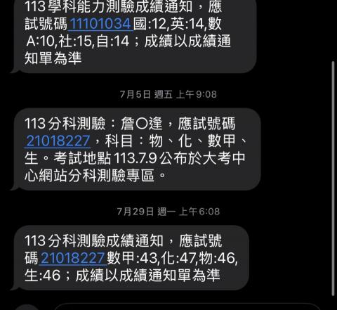詹軒逢 - 學測、分科成績