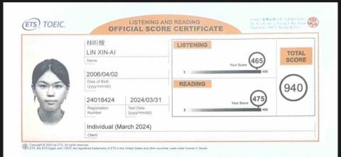 林昕嬡 - 多益聽讀證書
