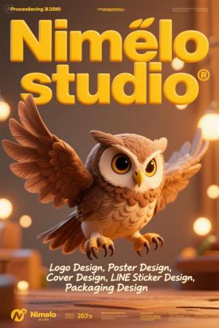 Nimmelo_studio - NIMELO STUDIO｜3D品牌主視覺形象設計
本作品以Q版立體貓頭鷹作為品牌吉祥物，融合3D卡通渲染風格與柔和光影，展現Nimelo Studio專業中帶有溫度的品牌形象。
整體配色以粉橘與紫藍漸層為主調，營造夢幻又親切的視覺氛圍，象徵品牌的創意力與友善態度。

畫面中央置入「Nimelo Studio」字樣與三大服務項目（Logo Design、Poster Design、Cover De