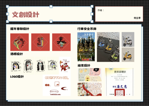 何立亭 - 這份作品集集合了春聯、酒標、LOGO、吊飾與繪本等設計，充滿手繪創意與趣味故事感，展現個人獨特風格與豐富想像力，並在競賽中榮獲教育部獎項肯定。

