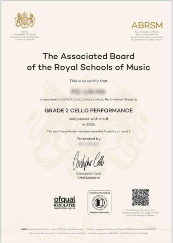 品喬老師 - 大提琴學生考過英皇檢定