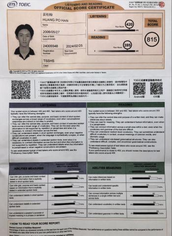 黃柏翰 - 多益成績及證書