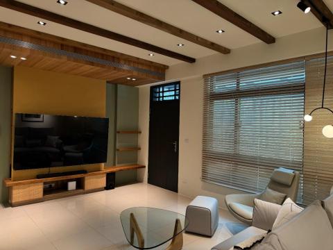 富果設計有限公司 - 【透天老屋重建】
客廳天花板&電視牆美式鄉村風格(依客戶需求設計)