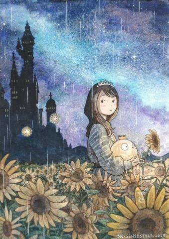 森似風格 - 女孩緊抱月亮 在細雨輕拂的花海中漫步 星光如紗輕灑 花影隨夢而舞~