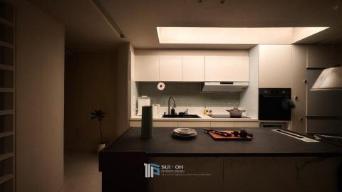 水戶空間設計 - 轉 _ 新的開端中島區.過渡走道_透過創造.流動.儲存的空間,來敘述著生活轉化的樣貌。
中島區 _ 男屋主笑說與太太的相識,源於一包泡麵,水戶尋思於轉的呈現,放置在中島餐廚區,最適合不過了!
透過在忡忡時光回首時能做回味,這樣的想法來定向家庭中的主角空間。