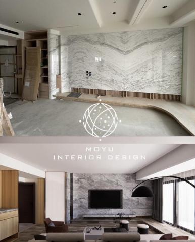 李玥萱 - 由墨宇設計 打造的住宅空間，從施工初期到完工後，實現了從硬體框架到空間靈魂的全面升級。

上圖為施工階段，已鋪設對紋大理石牆面，木質格柵與弧形平台初具雛形。
下圖為3D效果樣貌：
大地色調、石材紋理、柔和光影交織出一個沉穩而富層次的現代美學居所。

簡約電視牆、木格柵平台、弧形落地燈與低彩度家具完美融合，讓日常生活也能成為一場關於質感的體驗。