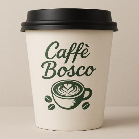 李恩 - 設計理念 
「Caff&egrave; Bosco」靈感來自義大利鄉間咖啡館，融合手寫感字體與拉花圖像，打造溫潤自然的品牌氛圍。整體配色以橄欖綠為主，營造舒緩質感。適用於紙杯、招牌、名片與咖啡紙袋等應用。
