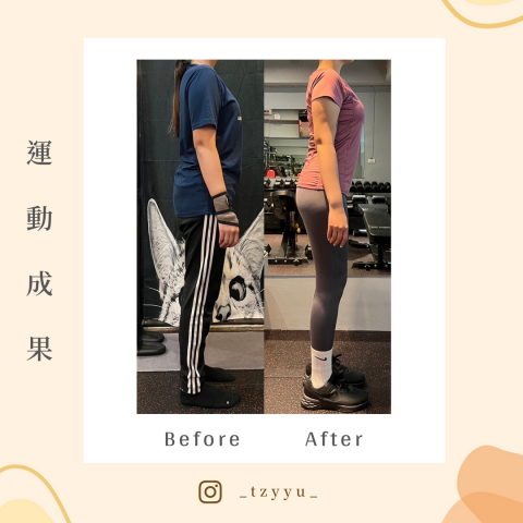 Vivian - 一週四練（上課＋自主訓練跑課表＋飲食菜單配合）
增肌減脂 2 個月後，臀線上提，改善骨盆前移和前傾問題，整個人站立重心回正，背部肌力提升，肩胛後收。

有紅斑性狼瘡的妹妹，適當的重訓可以讓增強身體的抵抗力，減少關節疼痛。