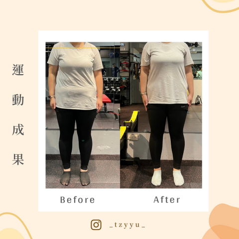 Vivian - 有減脂增肌需求的學生，運動 1 個月後的成果，一週四次訓練（上課＋自主訓練）搭配輕微飲食控制，體重前後相差快 2 公斤，體態上改善：小腹不見，胸線提升，改善高低肩。