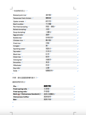 蔡昀倩Astrid - 英文台灣常見食物單字的補充，以及學生要去旅遊，要求其錄影用英文點餐作為作業。