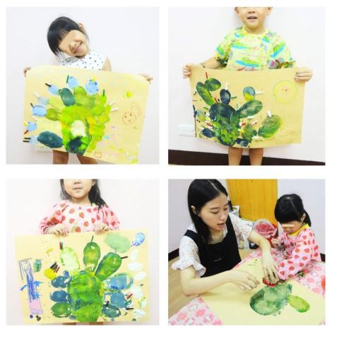 圈圈老師的美術課 - 植物觀察系列-仙人掌 | 3.5-4歲 | 課程時間 60分鐘
小寶貝們以壓力克圖在珍珠板上，以蓋章的方式，拼出自己喜歡的仙人掌樣式。再以拼貼的方式，貼上仙人掌的刺。創造屬於自己的仙人掌。