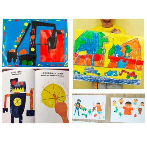 圈圈老師的美術課 - 因應家長安排較長的課程時間，為8歲小寶貝規劃的課程會比較多圍繞在符合喜好的車子﹑機器人和拼貼畫，之後甚至把喜歡的拼貼畫，做成一本屬於自己的故事書呢!