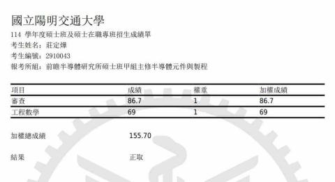 莊定燁 - 交大前瞻半導體研究所（獨招）正取