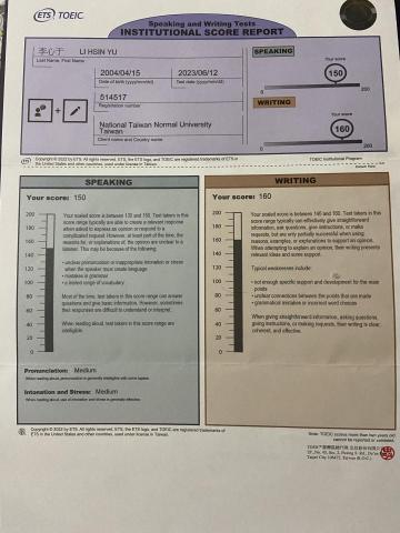 李心于 - 多益說寫分數310