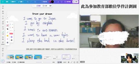 廖哲勗 - 這位是六年級的小學伴，她平時對課外閱讀很有興趣。因此這堂課我設計了以『旅遊』為主題的內容，課程流程包含閱讀文章、學習單字以及搭配圖片的延伸活動。透過幾個引導問題（像是5W1H：想去哪裡、和誰一起去等），讓學伴能夠有脈絡地思考，最後寫出屬於自己的小遊記。