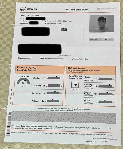 丁致中📚 - 托福 79分 成績單