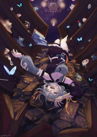 Rabkong - 翻閱經卷若問道，字間羽人共吹笙。書開一頁仙境斤，文字生花入夢醒。