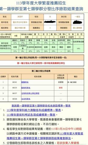  - 在校成績14% 繁星上中興大學 國文 英文 自然取得不錯的成績