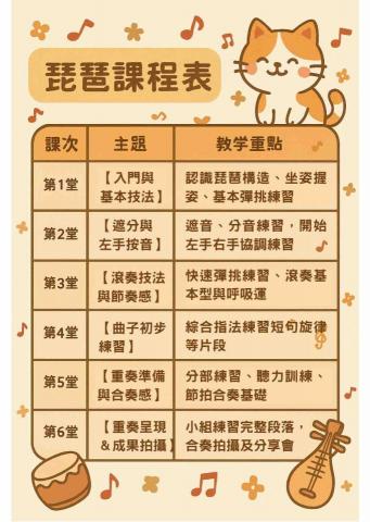 Darcy Shan 單鈺 （安安）-可英語授課 - 暑期6堂課共9小時的琵琶班，課程表說明