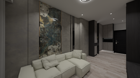 宇冠室內設計 - 現代風設計-渲染圖
顏色搭配：灰、黑、白、霧綠
灰色：代表著成熟、平靜無波，也能傳達高雅、沉穩的形象。
1.沙發背牆：司曼特+大板磚(魔幻霧綠)+鍍鈦條+灰鏡
2.電視牆：大理石+懸空電視櫃+收納櫃
3.玄關收納櫃、旋轉鞋櫃、抽屜櫃
4.主臥：系統衣櫃、架高床架
5.床背牆：司曼特+灰鏡
6.全室平釘天花板、木地板