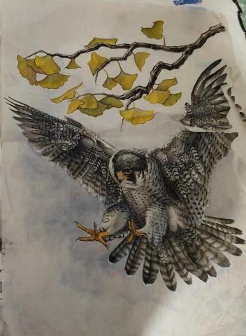 資深美術家教/繪師 佩均 - 水墨 獵隼與銀杏（不小心被撕裂了 後來有裱框修補）