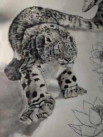 資深美術家教/繪師 佩均 - 水墨 雪豹 途中 （墨色+淡顏彩）