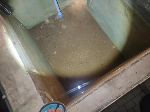 湯偉勝 - 還是未貼瓷磚的水泥水塔清洗前，底部的髒汙佈滿了。