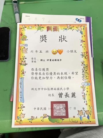 呂冠穎 - 學生學期成績進步獎狀
