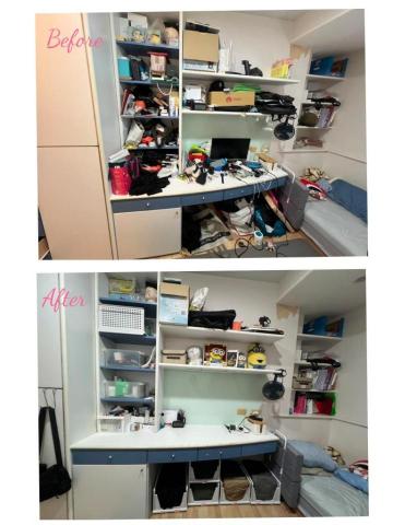 左手的室野 - 下班後還要育兒，不知不覺就難以收拾。

依照使用頻率和動線規劃，物品分類後再搭配現有收納品，重新配置書桌區，細長型臥室也能更好用。