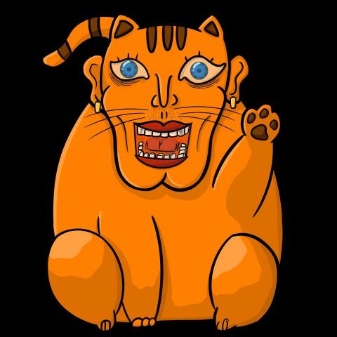 卓恩 - 唬人原本是都市巷弄中的一隻普通橘貓，靠吃辦公室員工吃不下的便當維生。有一天他誤闖一間設計公司，在一張發光的繪圖板上打了一個滾，竟被 AI 系統認定為「高潛能新進設計師」。

從此唬人開始他的設計貓生。他用爪子操作滑鼠、用舌頭清理 Pantone 漸層、甚至會用貓砂鋪陳 。他的作品充滿奇異、張狂又療癒的魅力。雖然常遲交稿（因為會打盹），但每一次產出的作品都能出奇制勝。