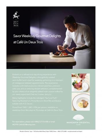 比利張 - 海報以「Savor Weekday Gourmet Delights」為主題，介紹平日提供的半自助式午餐。設計上將主廚形象與餐點照片結合，下方綠色區塊提供詳細資訊，包括餐點特色（如「Surf and Turf」主菜）、價格（TWD 1,580 + 10%）以及訂位方式。整體風格時尚現代，文字與圖片搭配清晰，有效傳達了餐廳的高品質與吸引力。