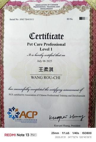 王柔淇 - level 1寵物照護員國際證照