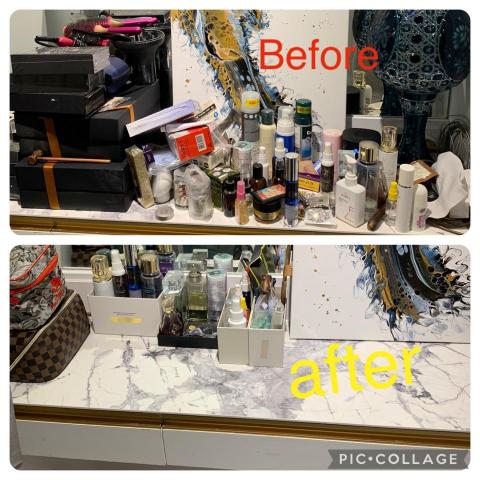 趙藝紜「減法整理師」 - 顧客預約搬家上架,但暫時化妝台沒有足夠的收納架,暫時用現場香水空盒幫忙分類上架,待顧客有空時再自行添購收納架